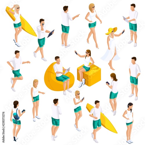 A set of people's isometrics for vector illustrations, characters in different poses, 3D teenagers, modern girls and guys in light summer clothes in different poses