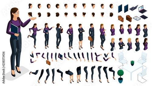 Large isometric Set of gestures of hands and feet of a woman 3d business lady. Create your own isometric character in stylish clothes, an office worker for vector