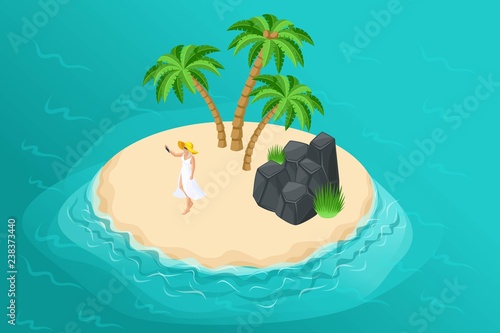 Isometric summer illustration with a paradise island for a travel company, a vacation advertisement with a 3D girl in a quiet wild island with palm trees and rocks