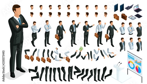 Large isometric Set of gestures of hands and feet of men, 3D character businessman. Create your own isometric office worker walks around or sits for vector illustrations