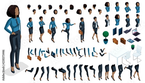 Large isometric Set of hand gestures and legs of African American woman 3d business lady. Create your isometric office worker for vector illustrations