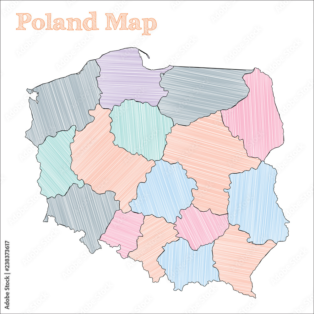 Naklejka premium Poland hand-drawn map. Colourful sketchy country outline. Adorable Poland map with provinces. Vector illustration.