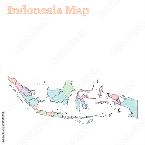 Indonesia hand-drawn map. Colourful sketchy country outline. Lively Indonesia map with provinces. Vector illustration.