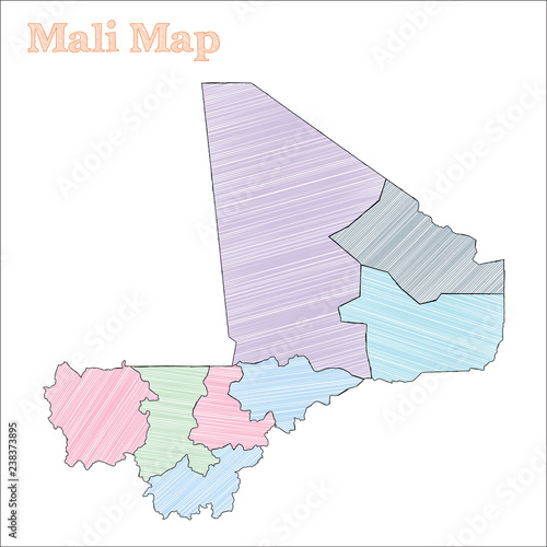 Mali hand-drawn map. Colorful sketchy country outline. Shapely Mali map with provinces. Vector illustration.