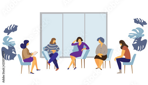 Female characters sitting on chairs in circle