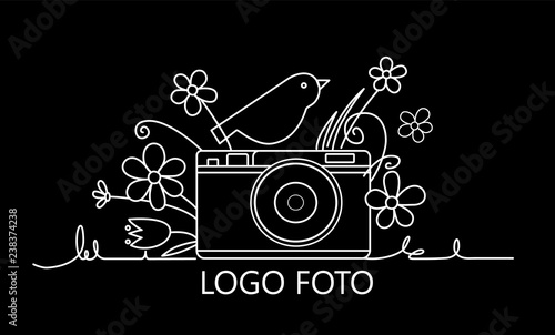 Photo camera with a bird on the camera and flowers around . Photography and photo studio line logo colorful sketch. Vector design element, logo, label, badge for business. Vector illustration