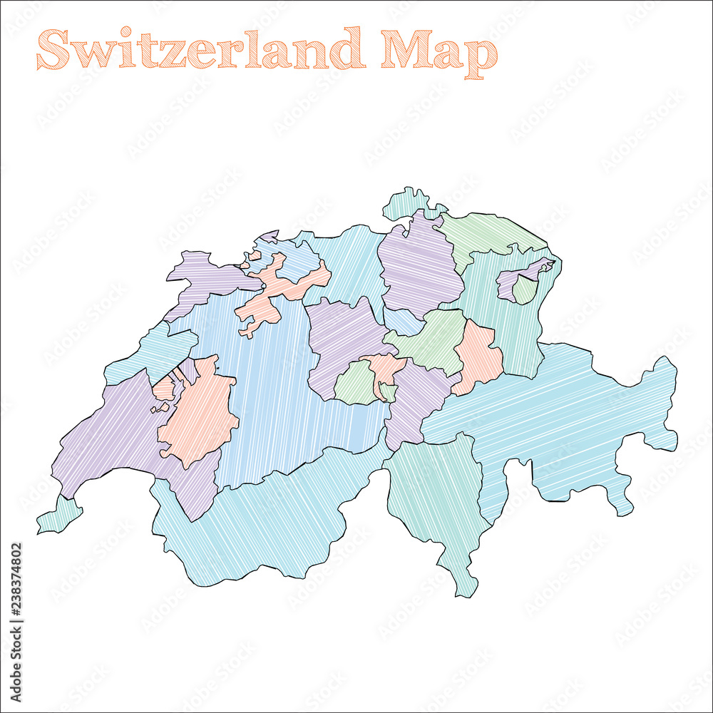 Switzerland hand-drawn map. Colourful sketchy country outline. Cute ...