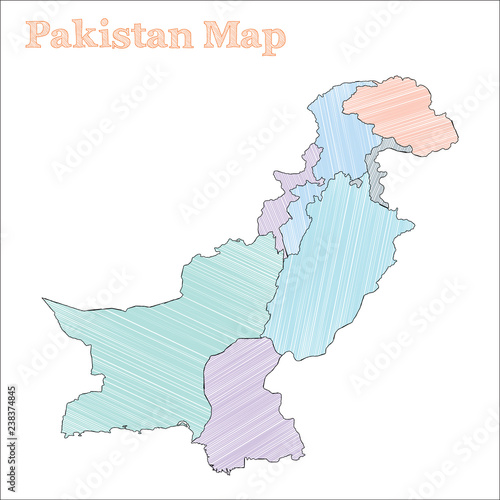 Pakistan hand-drawn map. Colorful sketchy country outline. Wonderful Pakistan map with provinces. Vector illustration.