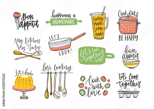Set of phrases handwritten with cursive font and decorated with kitchen supplies and food products. Bundle of letterings and tools for cooking or homemade meals preparation. Vector illustration.