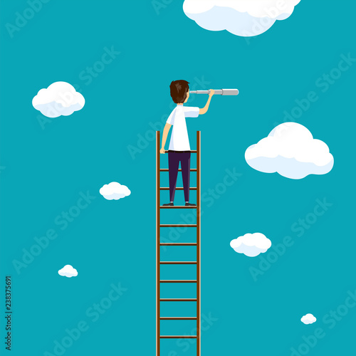 Man stands on a ladder in the sky with clouds.