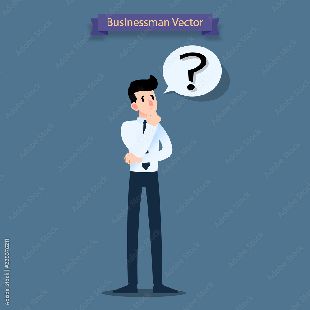 Businessman think, confused and have a question mark in a speech bubble. Businessman think, confused and have a question mark in a speech bubble.