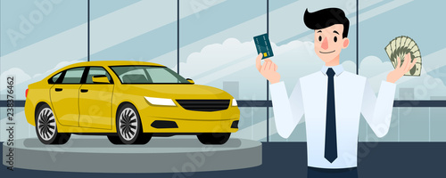 Happy businessman, seller stand and holding a credit card and money in front of luxury car that parking in large showroom in the city.