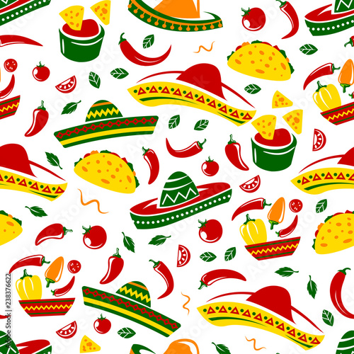 Mexican taco, nacho and sombrero seamless pattern