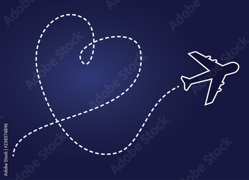 Airplane and path line in heart shape vector. Love to travel concept.