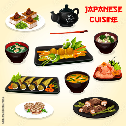 Japanese cuisine sushi, meat and seafood dishes