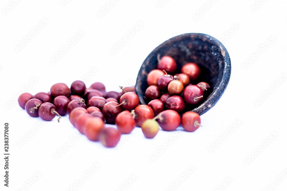 Close up of red colored popular Indian and Asian berries or bors or bers  isolate d on white i.e. Chaniya bor or chani bor or Indian jujubes in a  clay bowl. Stock