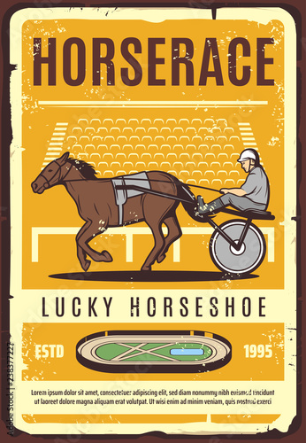 Horse, cart, jockey on hippodrom. Harness racing