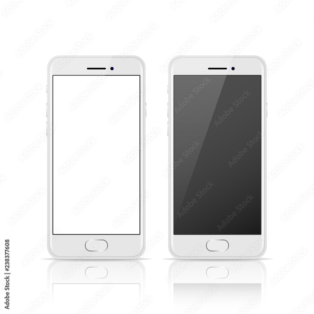 White color mobile phone with blank and dark screen, realistic vector design in high quality. White color mobile phone with blank and dark screen, realistic vector design in high quality.