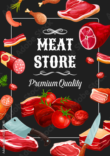 Meat store sausages, butchery delicatessen