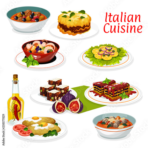 Italian meat and seafood dishes, fruit dessert