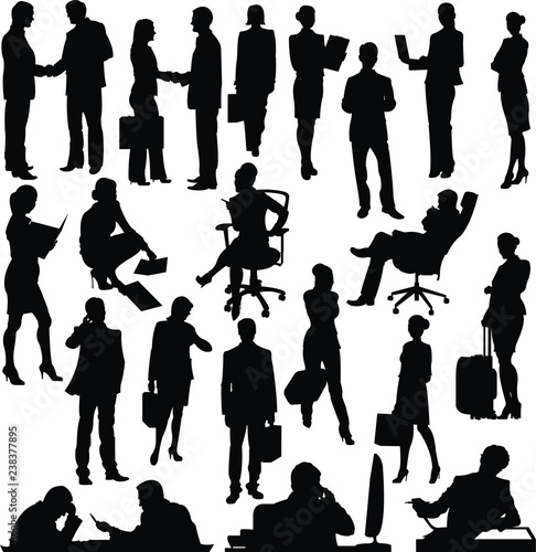Silhouettes of people who have business meetings or working in office vector collection.