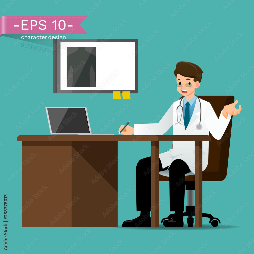 A doctor who wear lab coat sit and give consulting about patient symptom . Vector illustration design. A doctor who wear lab coat sit and give consulting about patient symptom . Vector illustration design.
