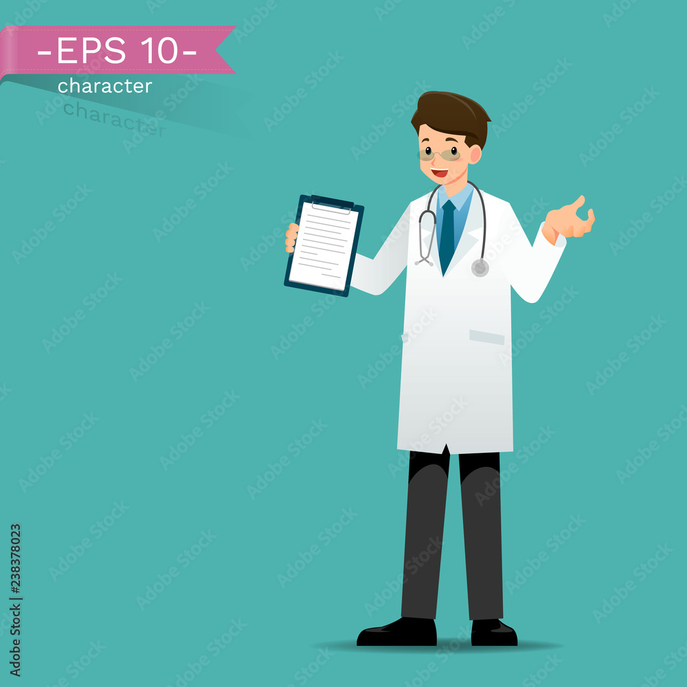 A doctor who wear lab coat, holding a clipboard and talk or presenting. Vector illustration design. A doctor who wear lab coat, holding a clipboard and talk or presenting. Vector illustration design.