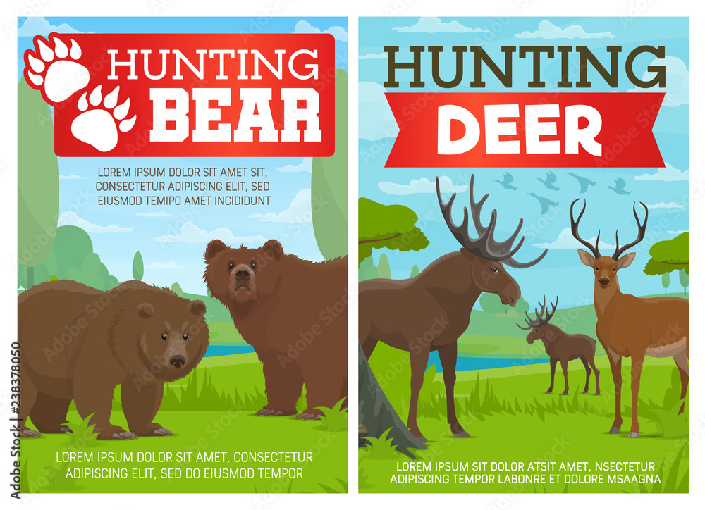 Deer, elk and grizzly bear animals, hunting sport Deer, elk and grizzly bear animals, hunting sport
