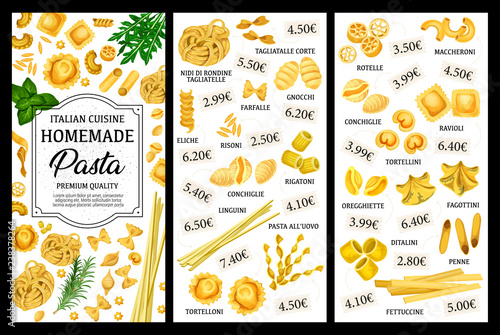 Italian pasta food menu, spaghetti and macaroni photo