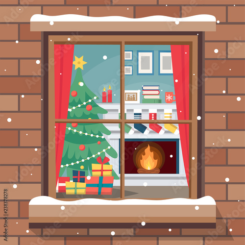 Christmas window with cozy room, christmas tree and fireplace. Merry christmas greeting card template.