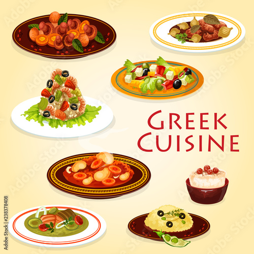 Greek food dishes with meat, cheese and seafood