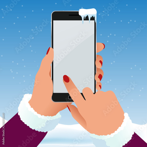 Female hand is holding a phone outside in the frost in winter. Blank screen smartphone vector illustration