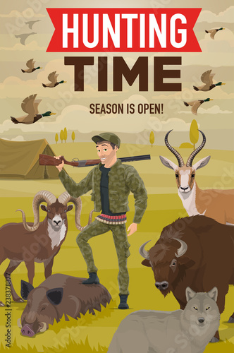 Hunter with hunting trophy, gun, animals and birds