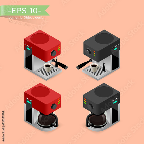 Isometric 3d automatic coffee maker machine with hot cup. Isolated vector illustration design.