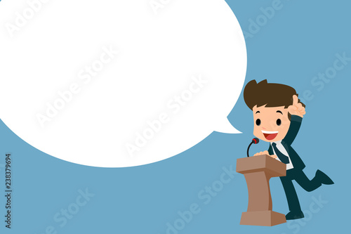 Businessman giving his speech at the podium to spread the words to people about his successful.
