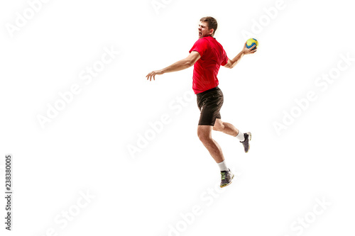 The fit caucasian young male handball player at studio on white background. Fit athlete isolated on white. The man in action, motion, movement. attack and defense concept © master1305