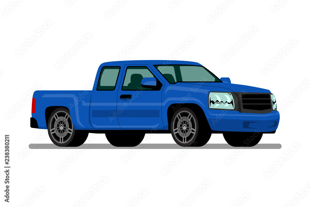 Isolated blue pickup truck, diesel engine vehicle on white background. Vector illustration design.