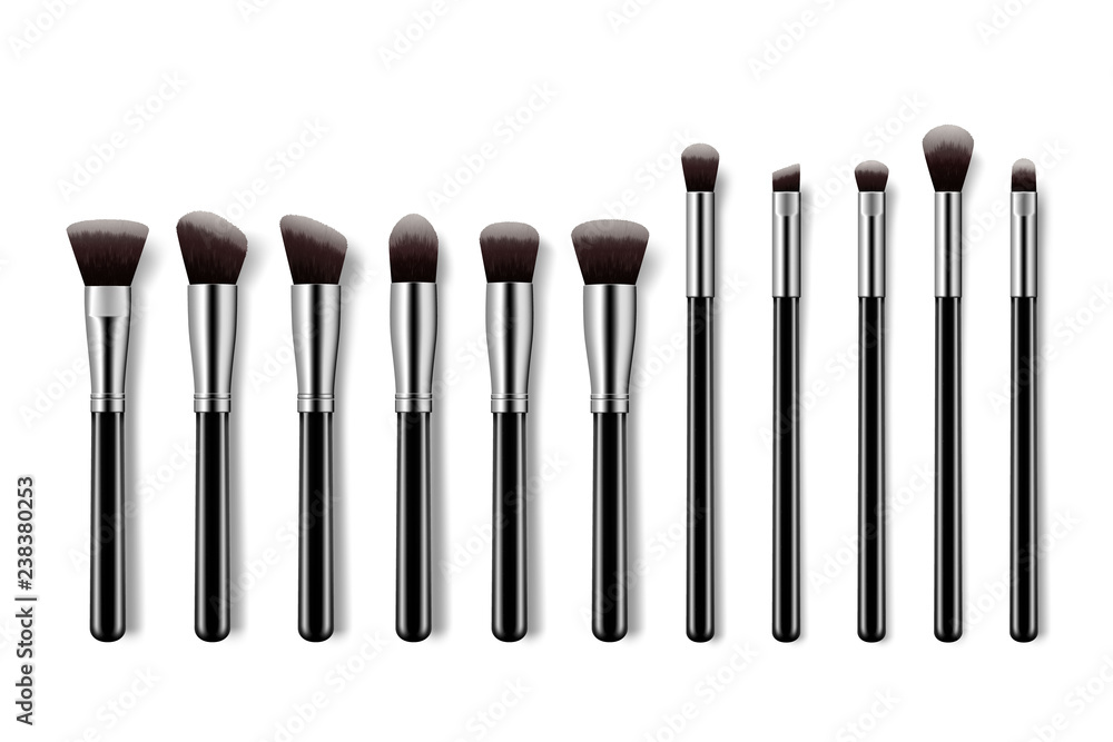 Set of makeup brushes, professional makeup kit concealer powder eyebrush with black handles on colorful pastel background. Set of makeup brushes, professional makeup kit concealer powder eyebrush with black handles on colorful pastel background.
