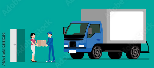 Smiling courier man giving a cardboard box to client. Happy woman receive a product from sender. Goods delivery service vector illustration design. photo