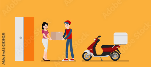 Smiling courier man giving a cardboard box to client. Happy woman receive a product from sender. Goods delivery service vector illustration design. photo
