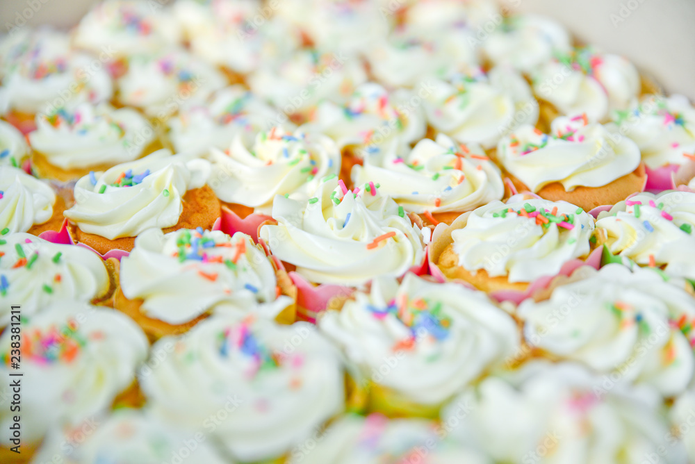 Colorful cupcakes in a box, vanilla cupcakes with pink and white cream, selective focus, close up Colorful cupcakes in a box, vanilla cupcakes with pink and white cream, selective focus, close up