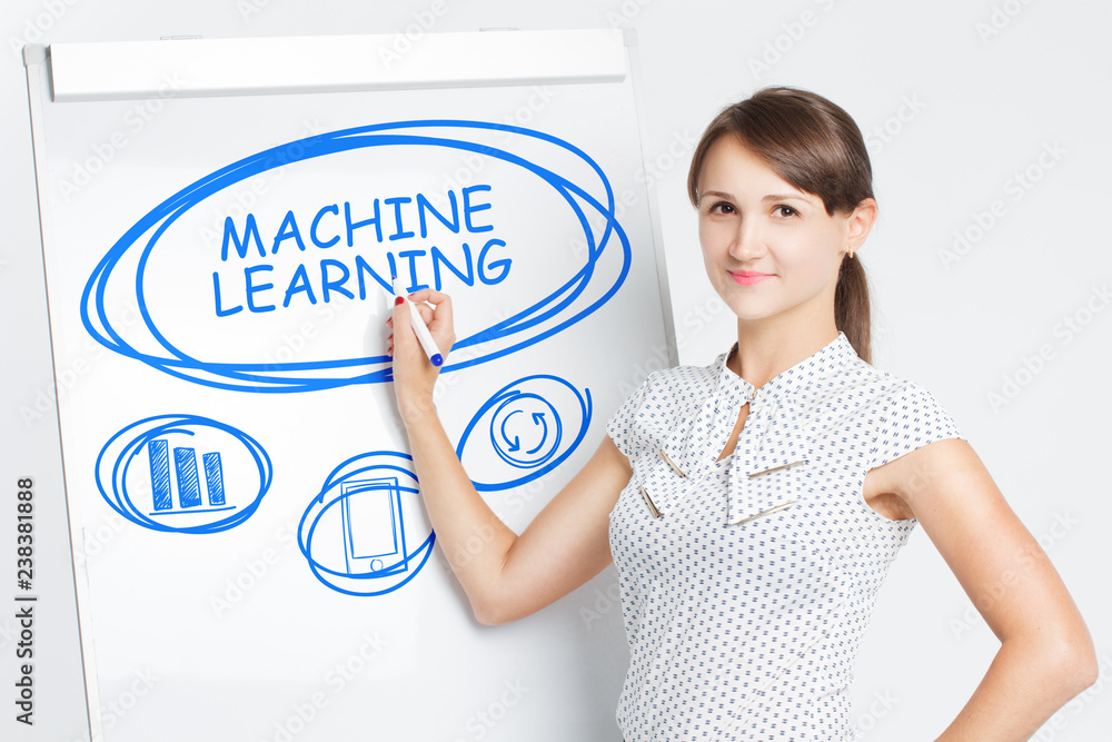 Business, Technology, Internet and network concept. A young entrepreneur writes on the blackboard the word: Machine learning Business, Technology, Internet and network concept. A young entrepreneur writes on the blackboard the word: Machine learning