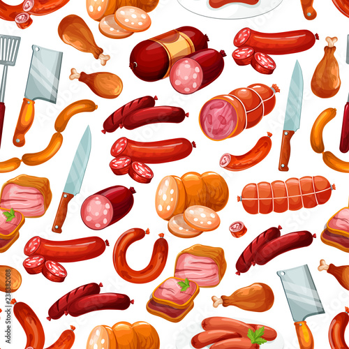 Butcher shop farm meat sausages seamless pattern