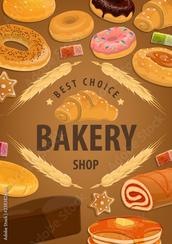 Bakery shop cakes, baker pastry desserts
