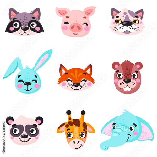 Set of vector animals in cartoon style. Cute smiley pig  panda  beaver  walrus  penguin  elephant  giraffe  llama. Cute animal faces. Hand drawn characters. Vector illustration.