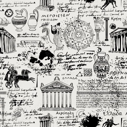 Vector seamless pattern on the theme of ancient Greece. Antique manuscript with sketches, illegible handwritten texts, blots and spots in retro style. Can be used as wallpaper or wrapping paper