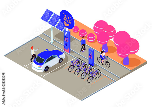 Urban eco transport isometric design concept with some available bicycles for rent at station and cashier machine for payment vector illustration. Eco car charging station, solar panels in park