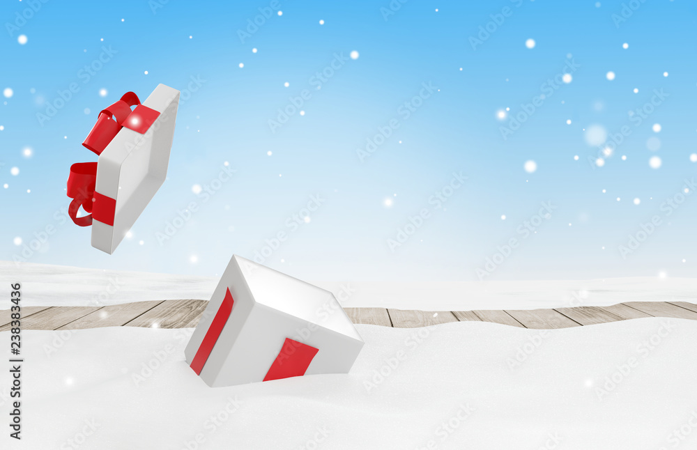 open christmas surprise present with snow 3d illustration