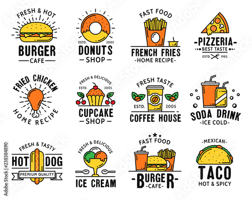 Fast food menu delivery and takeaway signs icons