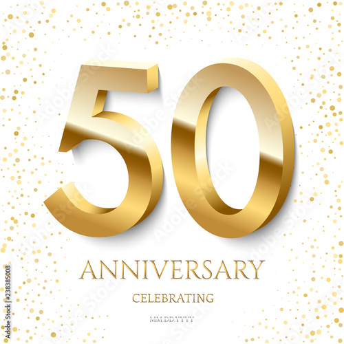 Golden 50th Anniversary Celebrating text and confetti on white background. Vector celebration 50 anniversary event template.